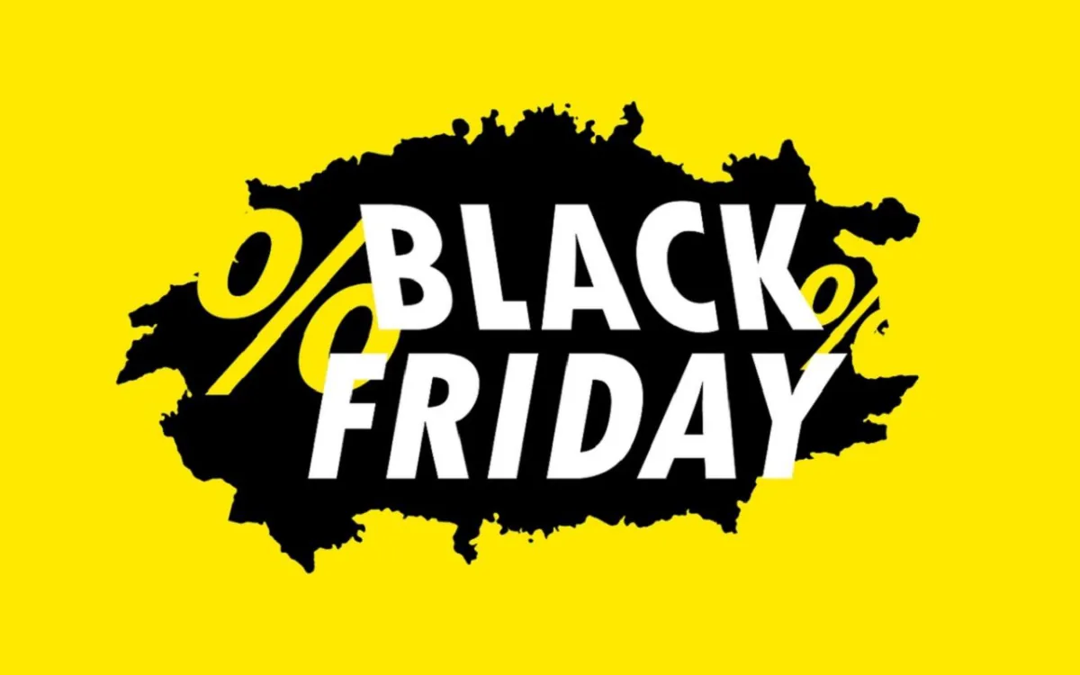 Bannière promotionnelle Black Friday sur fond jaune vif