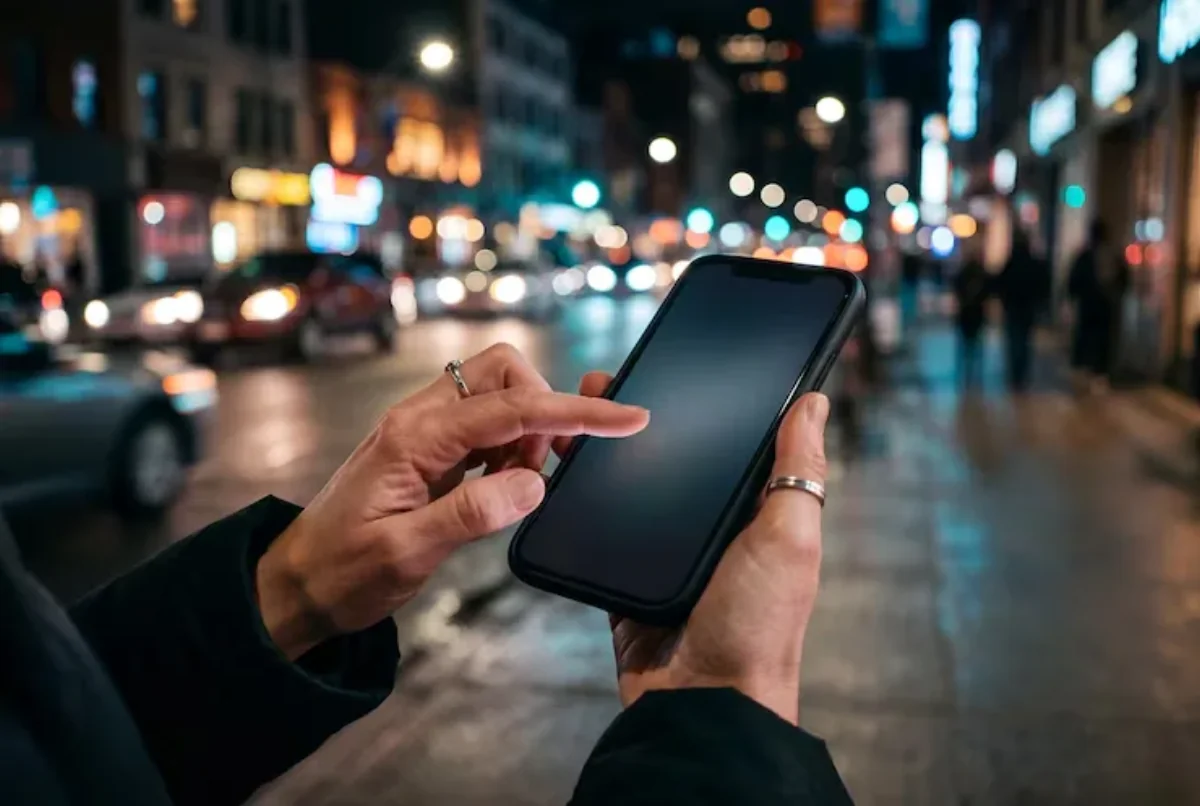 Main tenant un smartphone dans une rue de ville éclairée la nuit