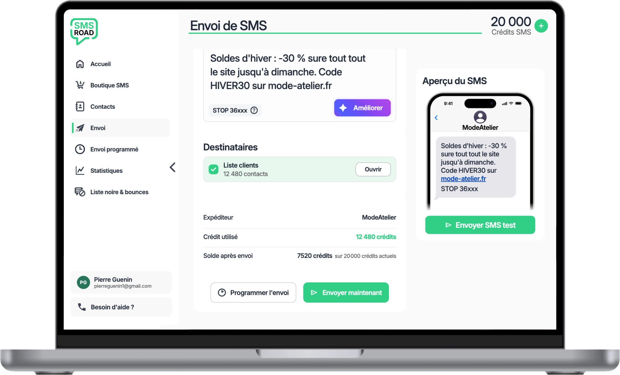 Aperçu de la plateforme SMS Road sur ordinateur